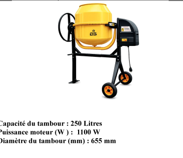 Betonnière Electrique DS 250L 1100W Tambour 655mm