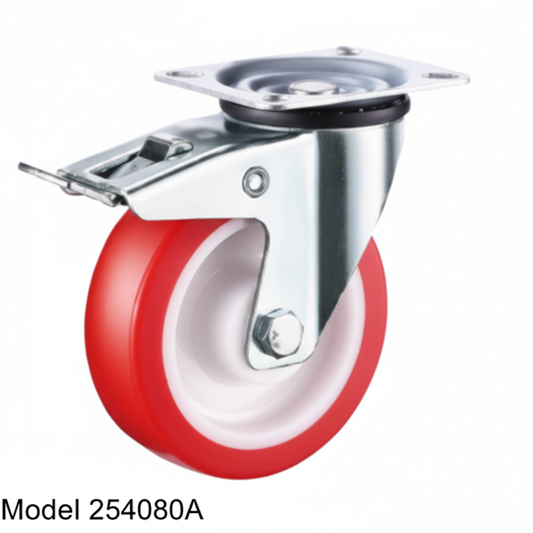 Roue acier inoxydable pivotante avec frein 80mm rouge 254080A - photo professionnelle