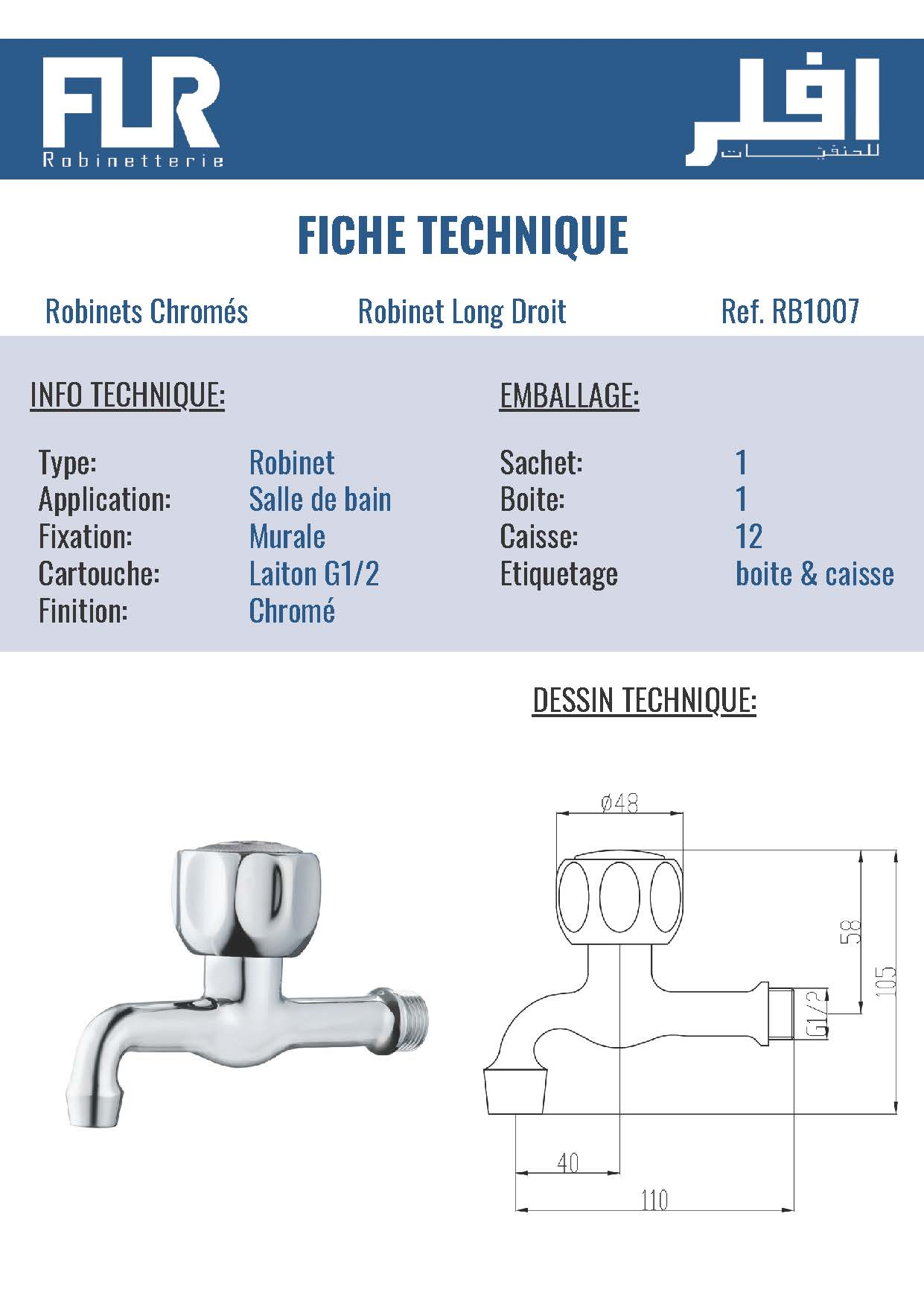 Robinet Collectivité Bec Long Droit – Chromé Mural G1/2