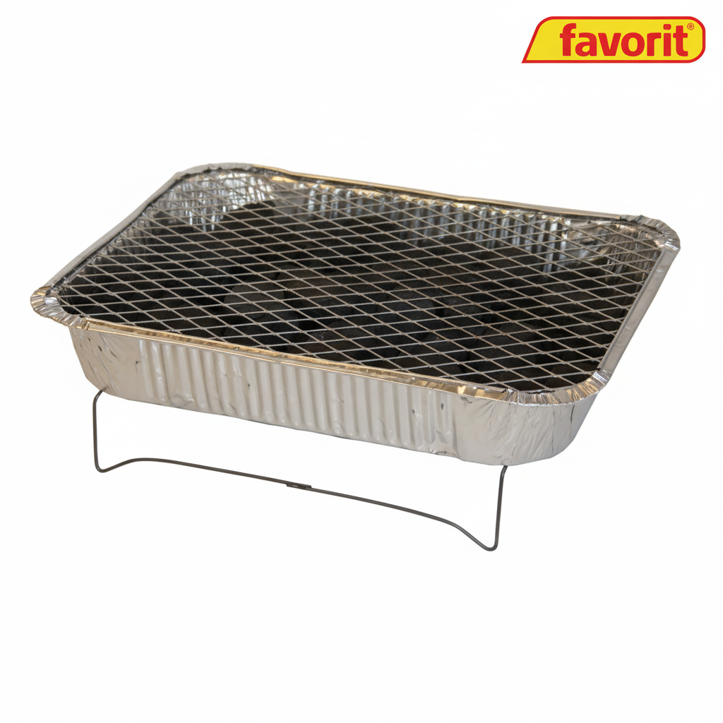 Barbecue jetable Favorit avec charbon de bois et allume-feu, plateau aluminium et grille métallique