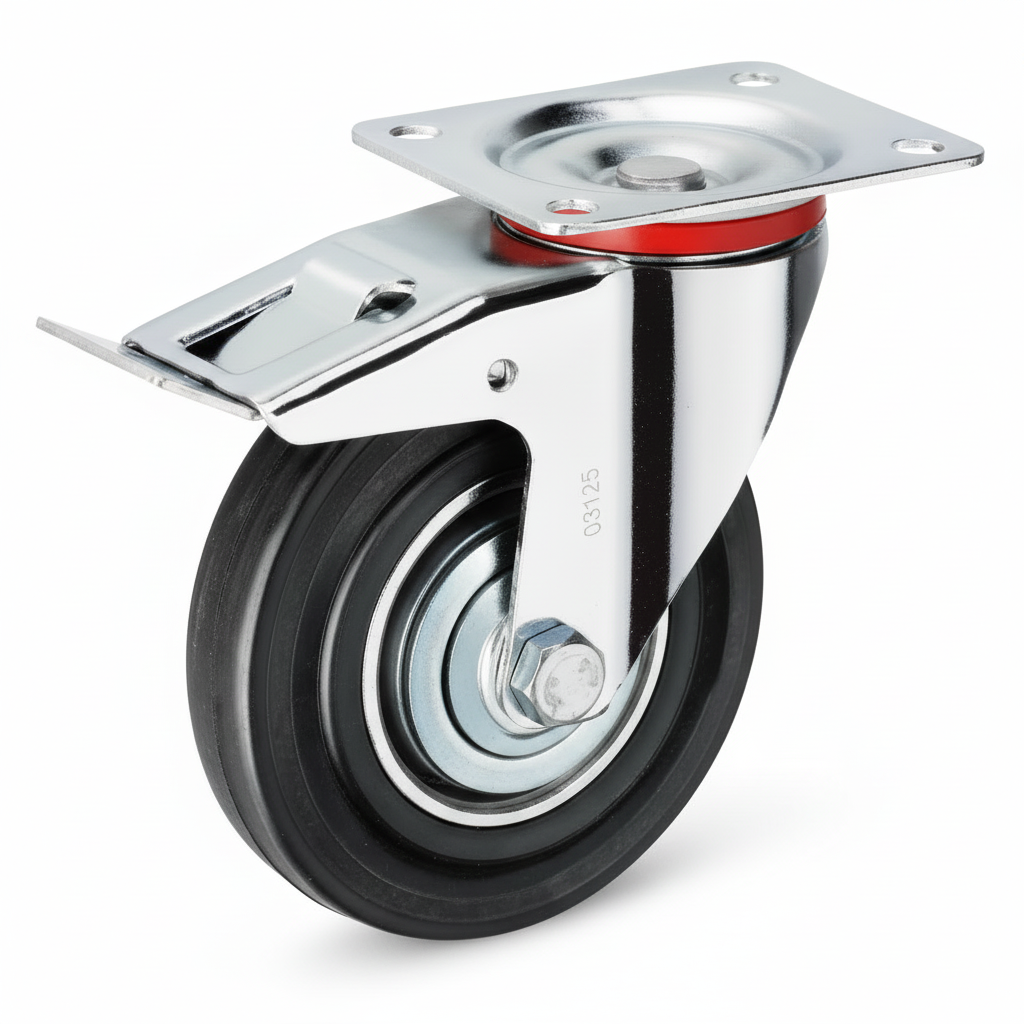 Roue caoutchouc industriel pivotante avec plaque et frein 125mm noir 038125 - photo professionnelle