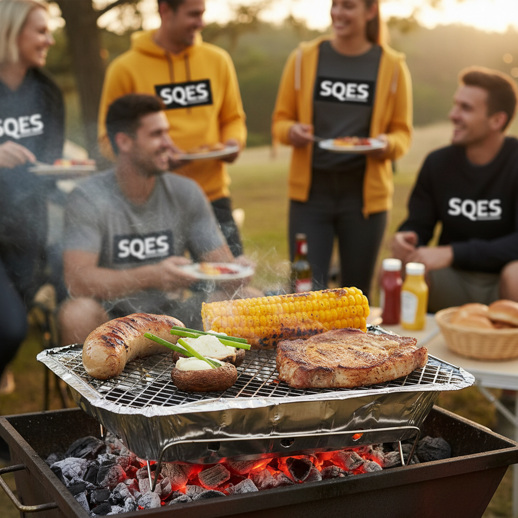 Gros plan viande et légumes grillés sur barbecue jetable Favorit avec charbon