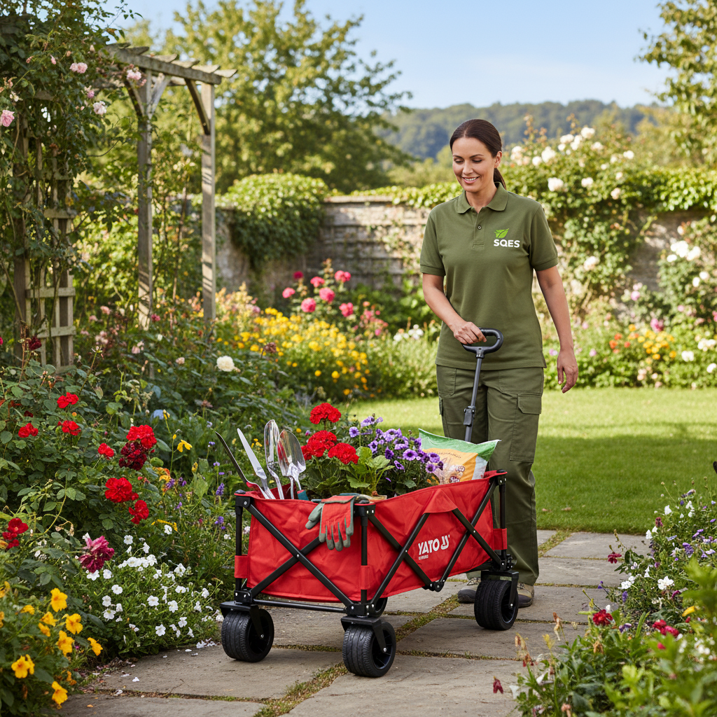 Jardinier SQES transportant outils et plantes avec chariot YATO au jardin
