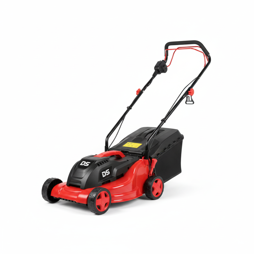 Tondeuse à gazon électrique DS 1000W rouge et noire photo professionnelle fond blanc