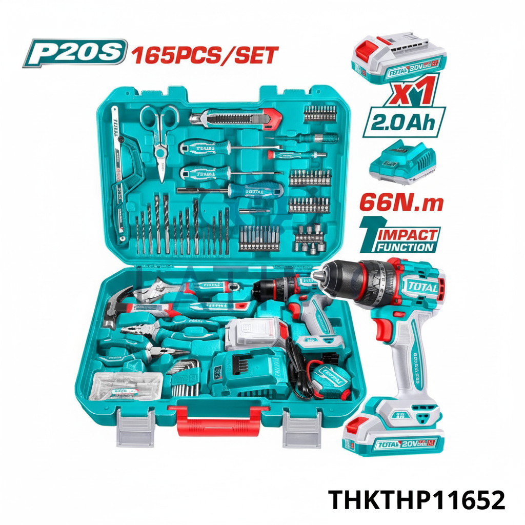 Pack complet TOTAL perceuse sans fil 20V avec 165 accessoires dans coffret de rangement