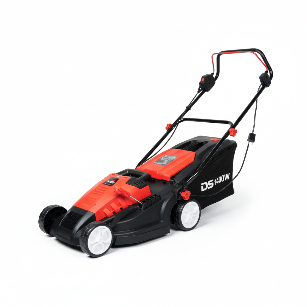 Tondeuse à gazon DS 1400W 380mm rouge et noire photo professionnelle fond blanc
