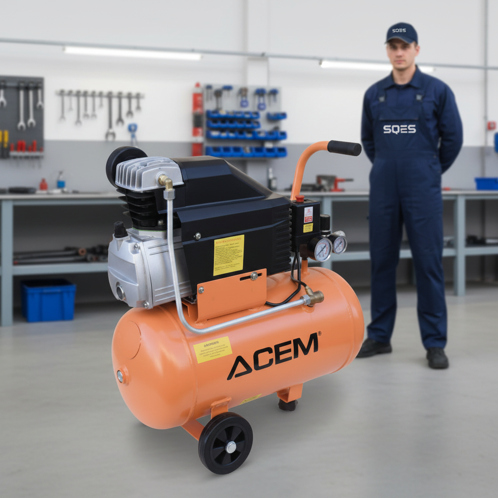 Compresseur d'air ACEM 50L 2HP avec tête en fonte, réservoir orange horizontal et moteur noir