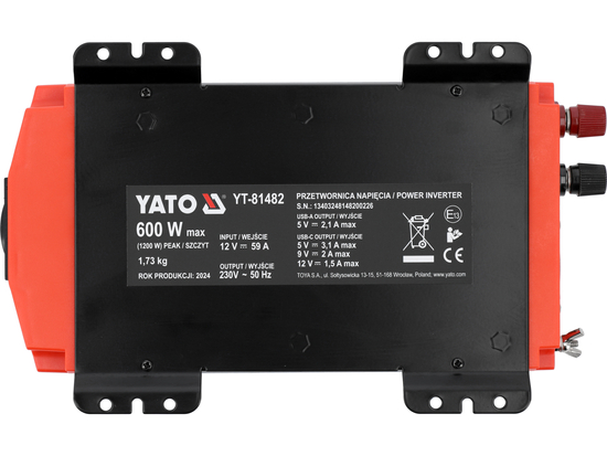 Convertisseur de Tension 600W 12V DC / 230V AC Onde Pure YATO