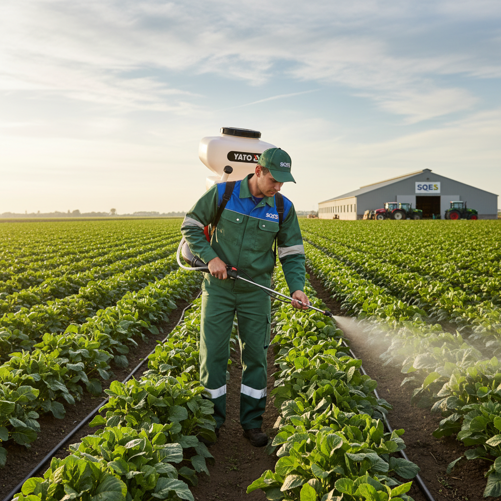 Travailleur agricole SQES pulvérisant plantation avec atomiseur YATO