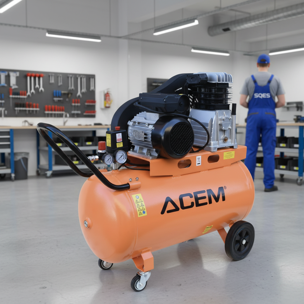 Compresseur d'air ACEM 100L 3HP avec tête en fonte, grand réservoir orange horizontal et moteur noir puissant