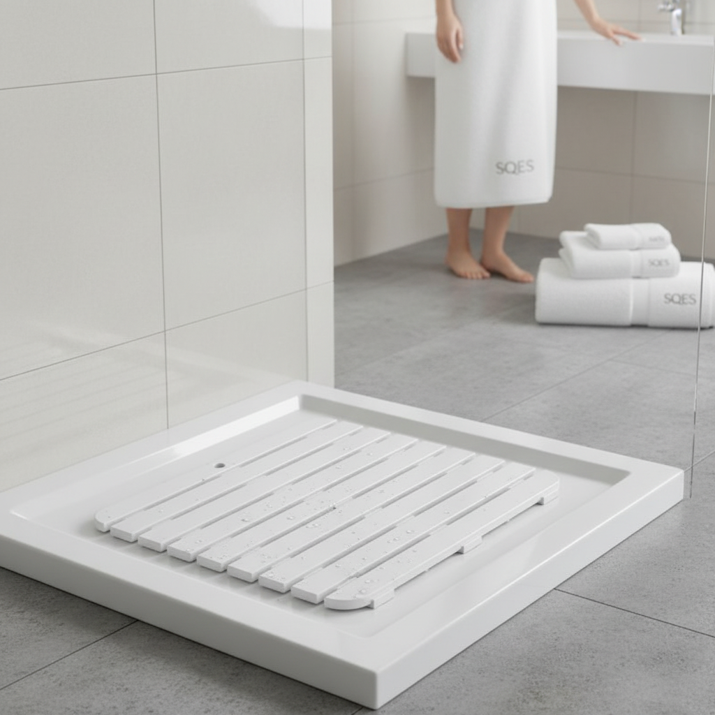 Tapis douche Tatay effet bois clair dans salle de bain moderne SQES