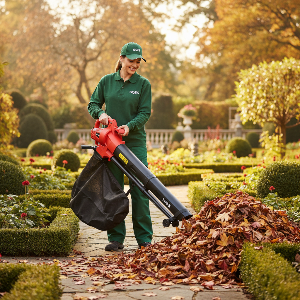 Jardinier SQES utilisant souffleur YATO pour nettoyer feuilles d'automne