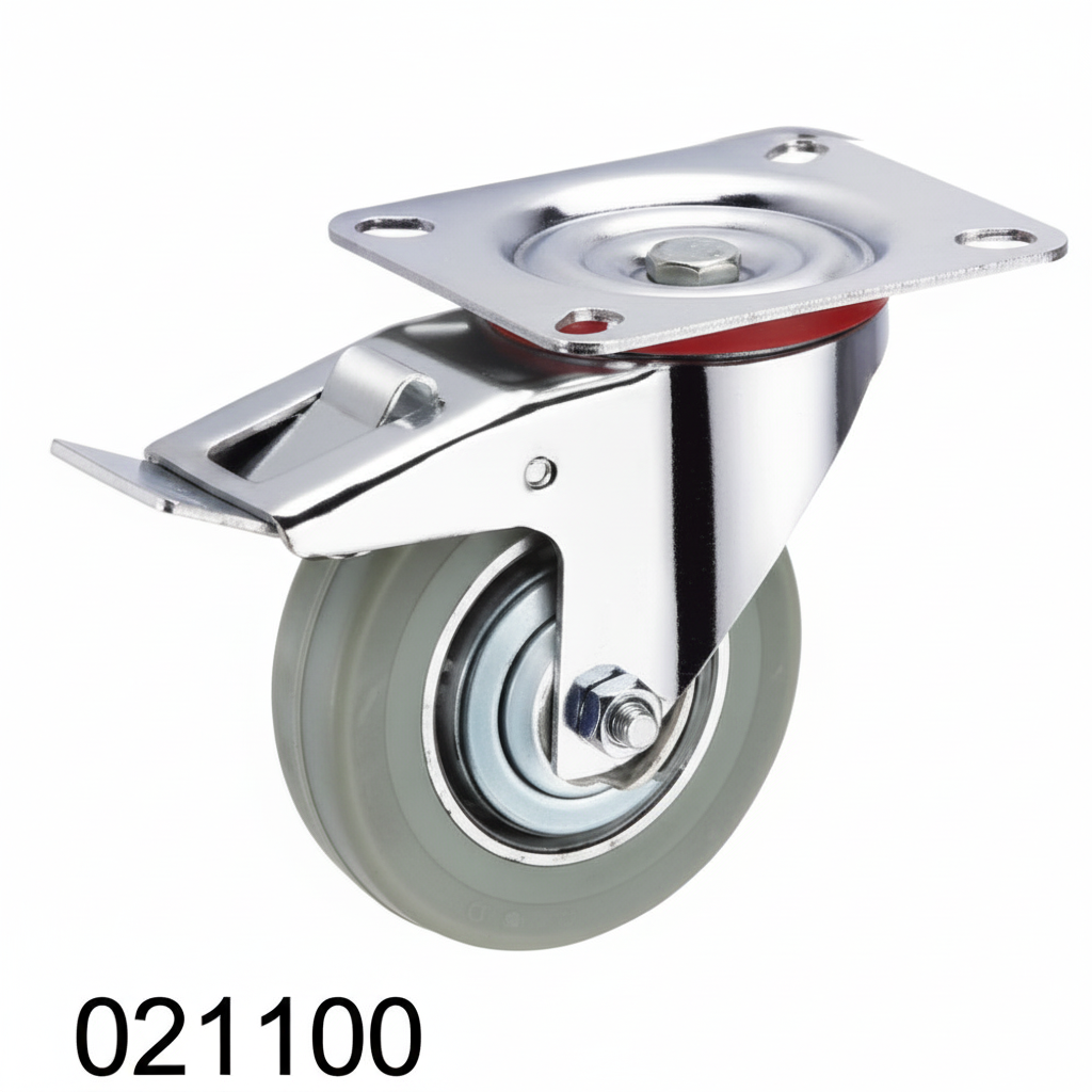 Roue caoutchouc industriel pivotante avec plaque et frein 100mm gris 021100 - photo professionnelle