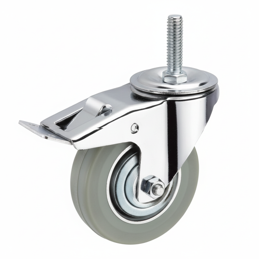 Roue industrielle pivotante 75mm bandage caoutchouc gris avec système de freinage et tige filetée