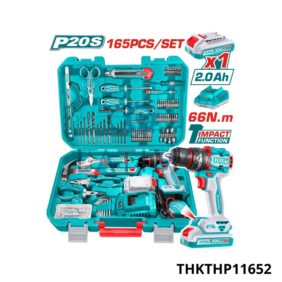 Pack TOTAL THKTHP11652 165 Pièces – Perceuse Sans Fil 20V | 66Nm | 2 Vitesses | Batterie 2Ah