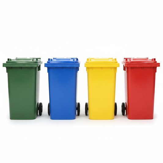 Conteneur à déchets 120L disponible en vert bleu jaune et rouge avec roues et poignée
