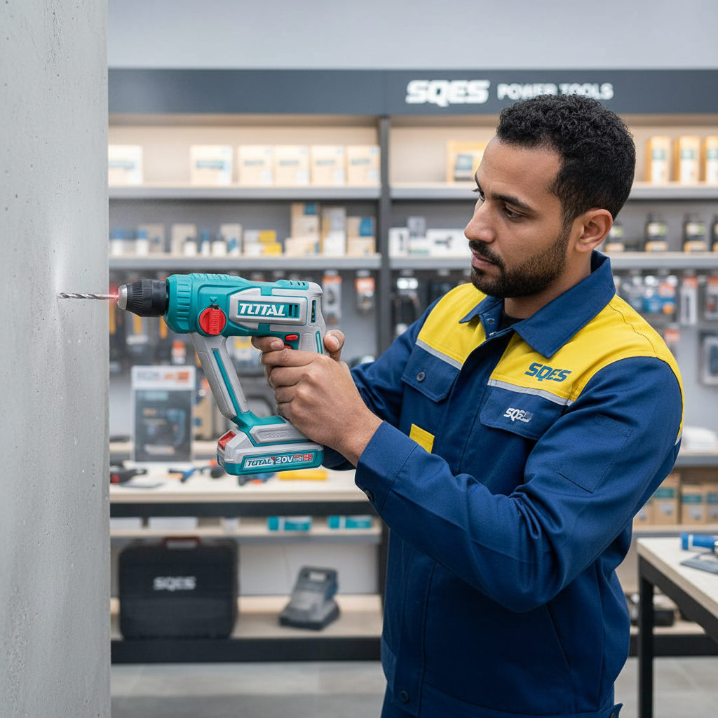 Expert tunisien SQES perçant du béton avec marteau perforateur TOTAL 20V