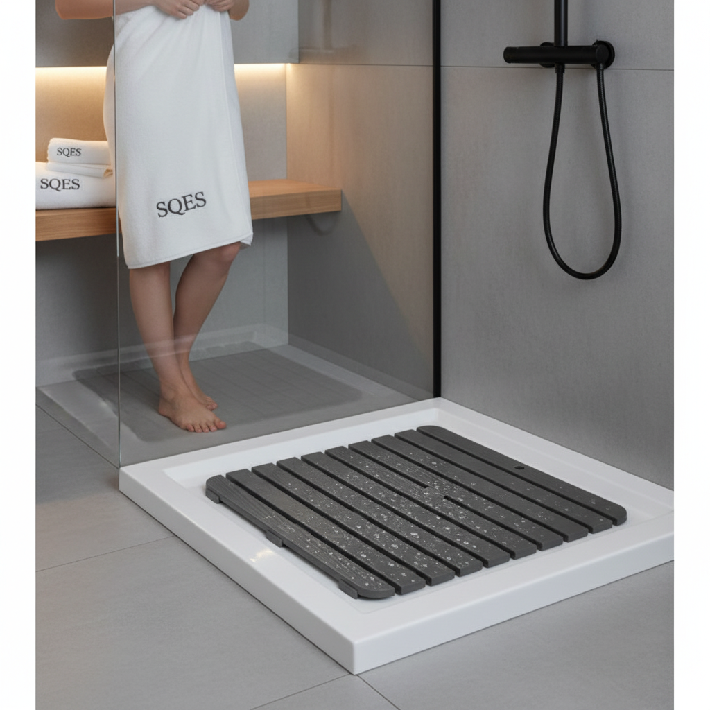 Tapis douche Tatay gris anthracite effet bois dans salle de bain moderne SQES