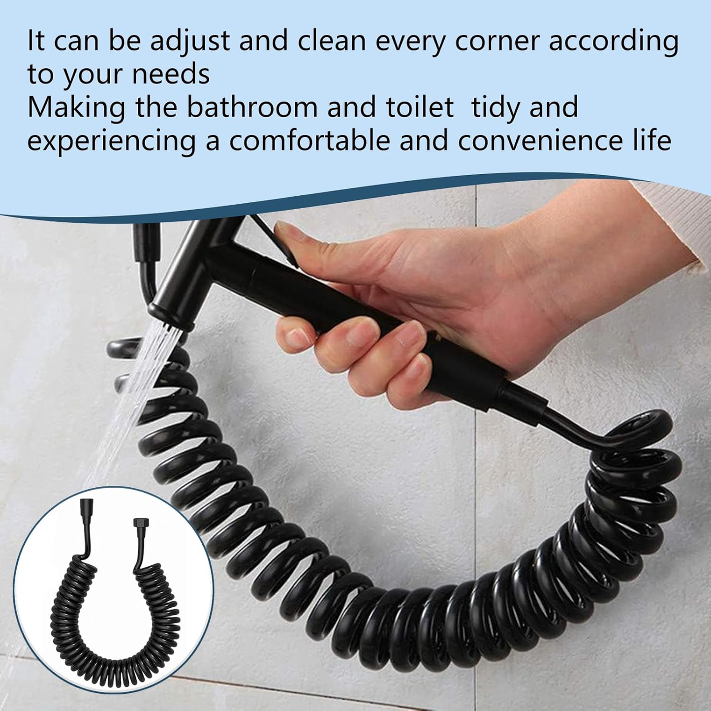 Flexible Toilette Spirale 1.2m Noir avec Douchette Shut-Off et Support