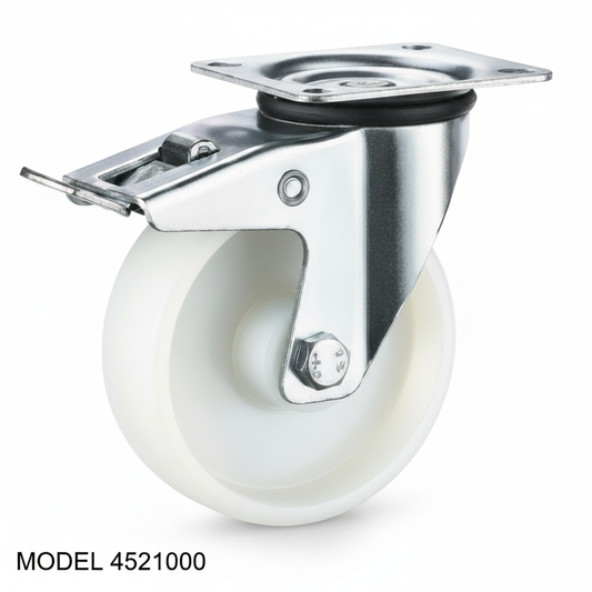 Roue nylon industriel pivotante avec plaque et frein 100mm blanc 452100 - photo professionnelle