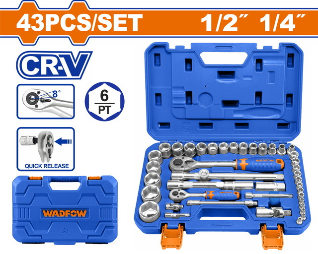 Coffret Douilles 43 Pcs 1/4" & 1/2" 6 Pans CR-V WADFOW