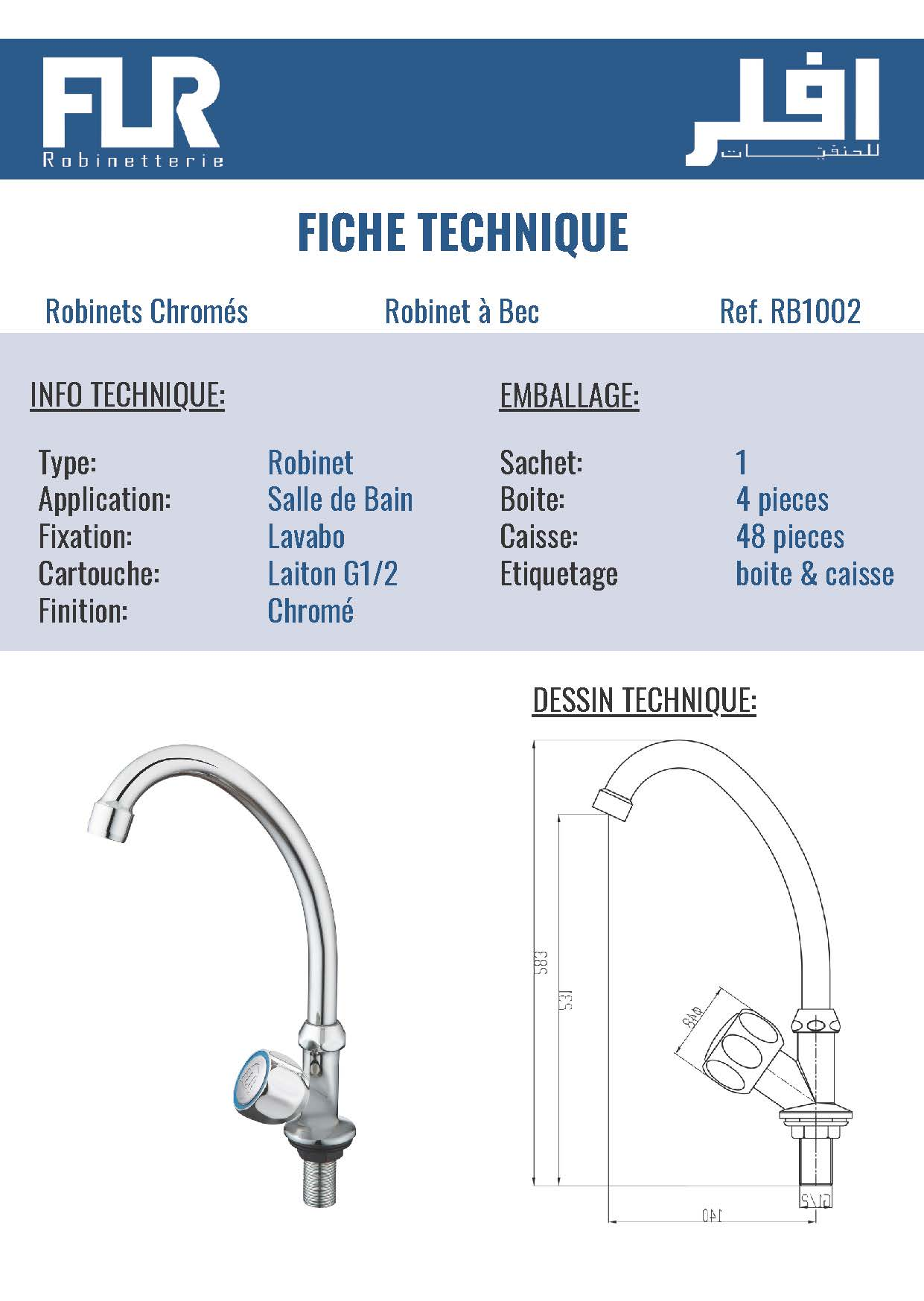 Robinet Vertical Bec Haut Chromé – Lavabo Laiton G1/2