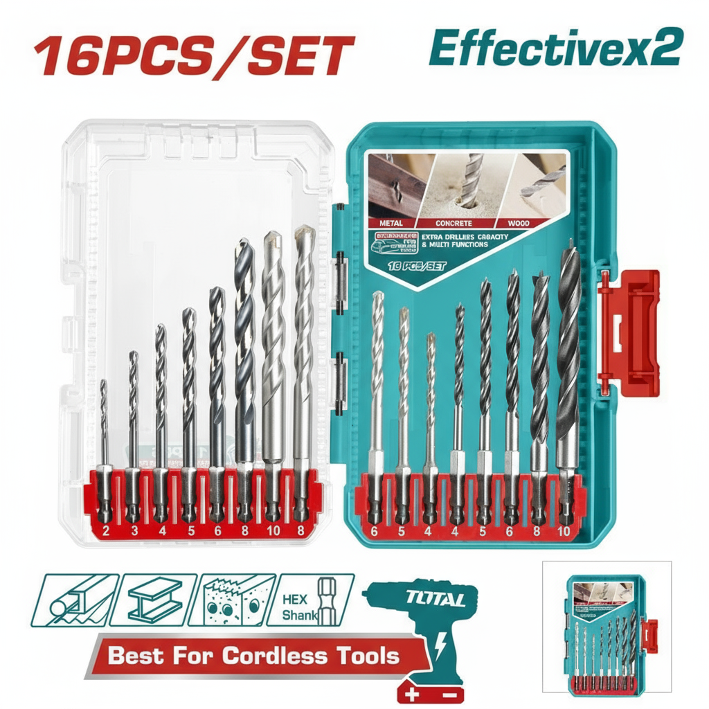 Ensemble de 16 Forets TOTAL TACSDL11608 - Métal, Beton et Bois - coffret meche