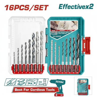 Ensemble de 16 Forets TOTAL TACSDL11608 - Métal, Beton et Bois - coffret meche