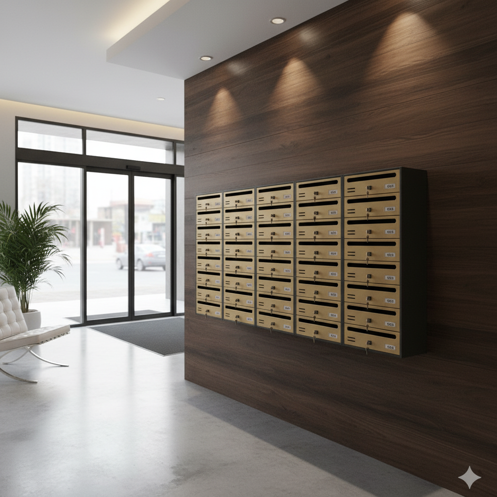 Installation boîtes postales SQES sur panneau bois foncé