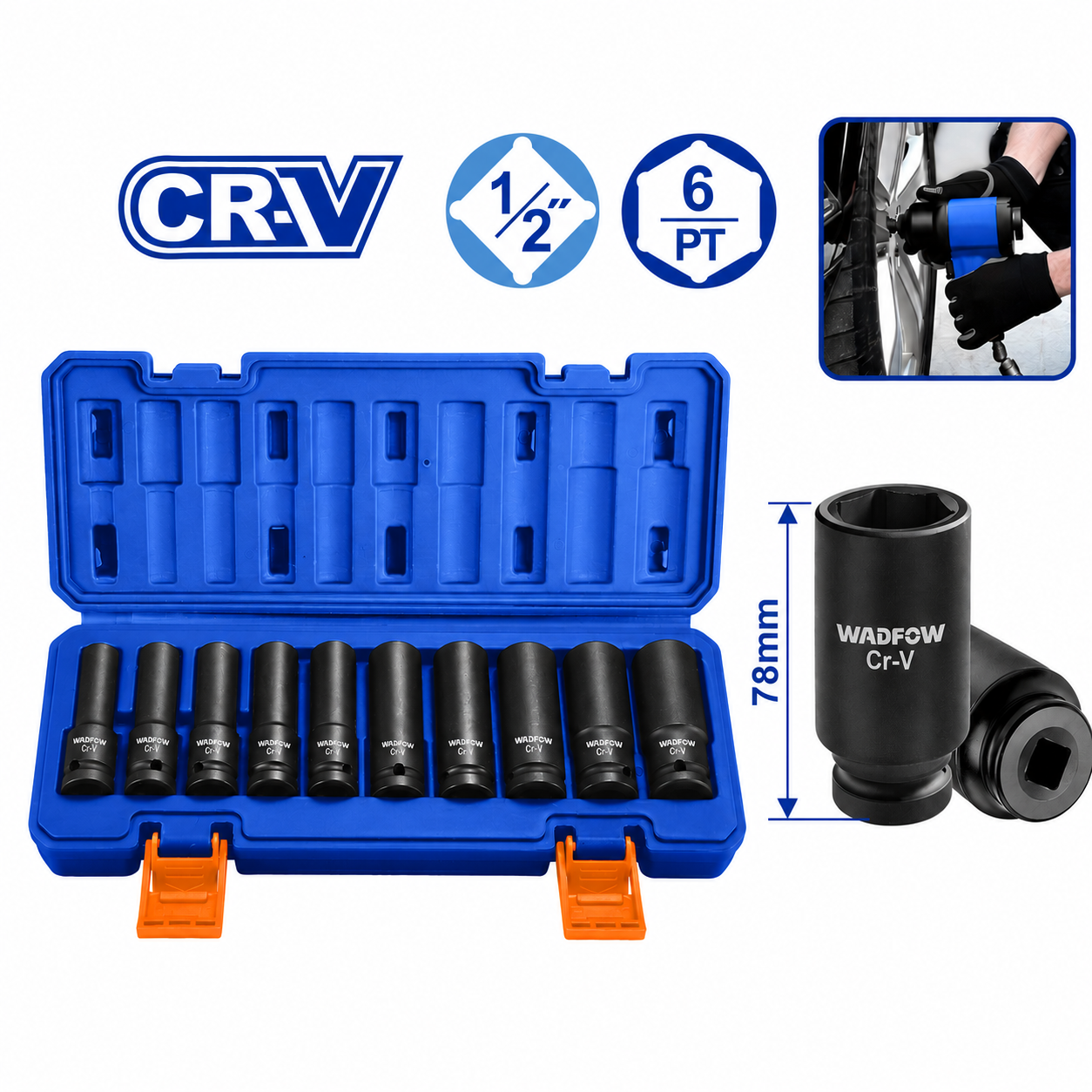 Jeu de 10 Douilles Longues 1/2"×78mm Cr-V WADFOW WMS2D02 — Accès Profond Boulons Mécanique Auto Atelier Chrome-Vanadium | SQES Tunisie
