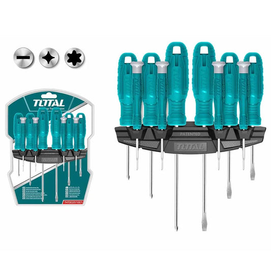 Jeu de 10 tournevis TOTAL THTDC251001 acier Chrome-Vanadium – plats SL, cruciformes PH0/PH1/PH2, Torx T6/T8, poignées ergonomiques
