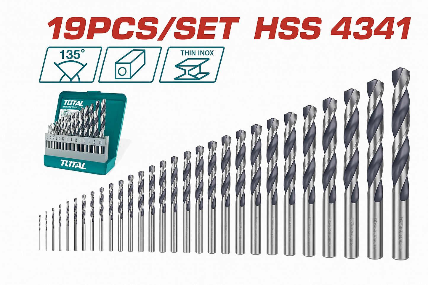 Jeu de 19 mèches HSS 4341 TOTAL TAKSD89195 – 1 à 10mm, angle 135°, acier rapide, métal inox acier aluminium cuivre laiton, blister
