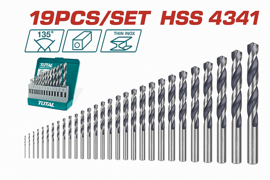 Jeu de 19 mèches HSS 4341 TOTAL TAKSD89195 – 1 à 10mm, angle 135°, acier rapide, métal inox acier aluminium cuivre laiton, blister

