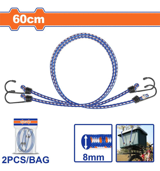 Jeu de deux cordes élastiques à bagages WADFOW WLRP1160, longueur nominale 60 cm par corde, diamètre 8 mm, avec crochets aux extrémités pour maintien ponctuel et rangement de bagages adaptés | SQES Tunisie

