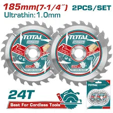 Jeu de 2 disques à bois TCT TOTAL TAC2331853 185mm 24T – ultra-minces 1mm, arbre 20mm + bague 16mm, scie circulaire Li-Ion, menuiserie construction
