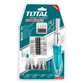 Jeu 24 tournevis à cliquet TOTAL TACSD30246 – 16 embouts 6,35x25mm SL PH PZ Torx, 7 douilles 1/4" 5-11mm, poignée cliquet
