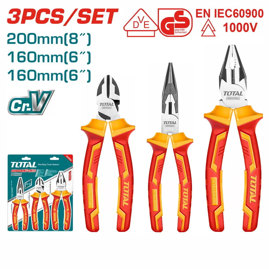 Jeu 3 pinces isolées 1000V TOTAL THT2K0302 Cr-V – béc long 160mm, coupante diagonale 160mm, universelle 200mm, électricité haute tension