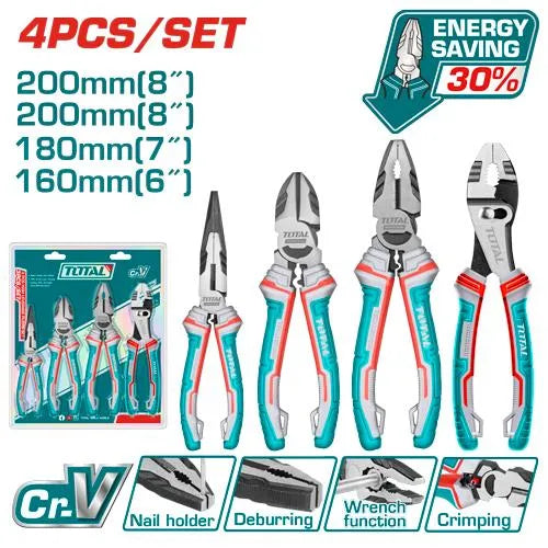Jeu de 4 pinces TOTAL THT2K0458 acier Cr-V – combinée 8", coupante 7", bec long 6", joint coulissant 8", levier renforcé, poignée TPR tricolore
