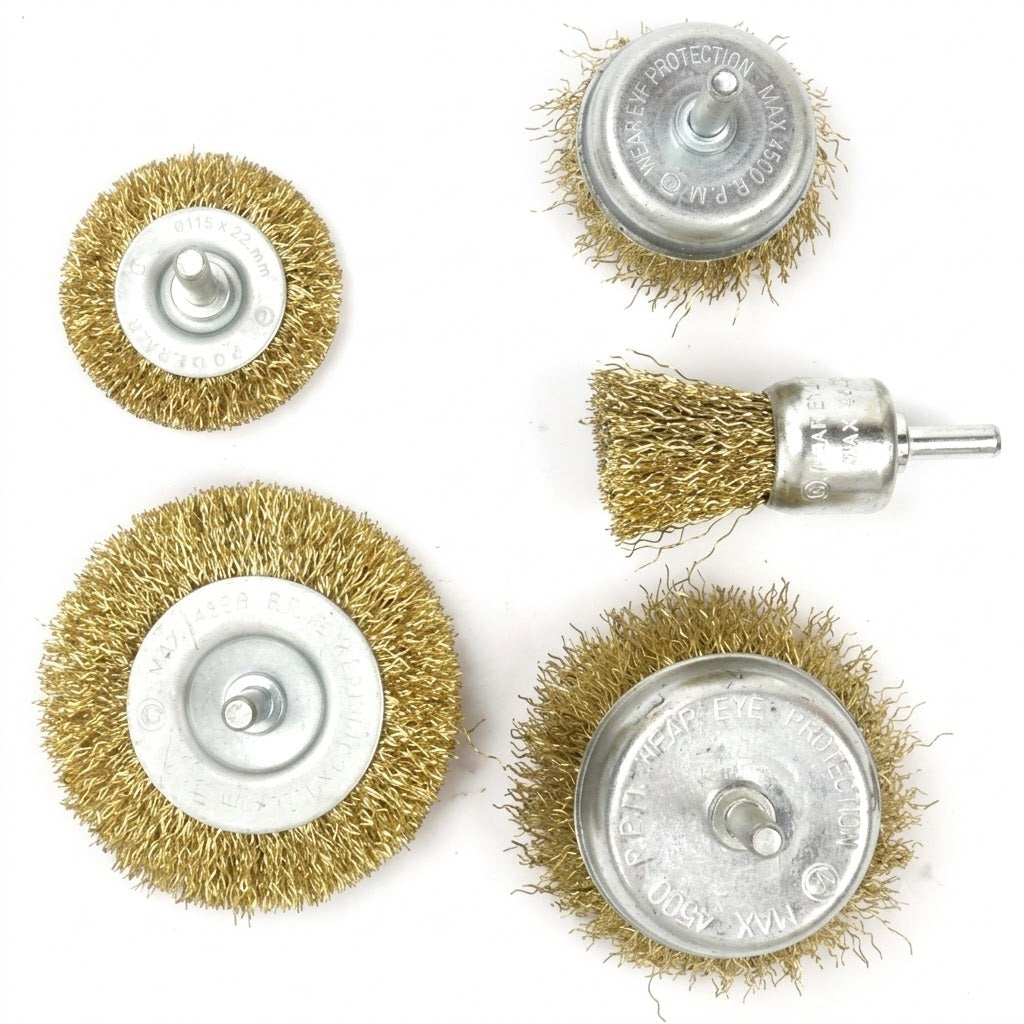 Jeu de 5 brosses métalliques sur tige ADEGSO AD-20170 — Shaft Mounted Wire Brush Set 5 pièces pour perceuse compatible | SQES Tunisie
