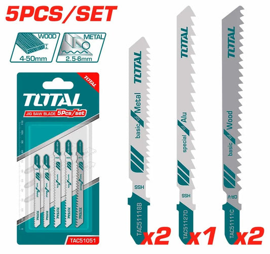 Jeu de 5 lames de scie sauteuse TOTAL TAC51051 – 2 lames bois, 2 lames métal, 1 lame aluminium, acier robuste, compatibilité universelle
