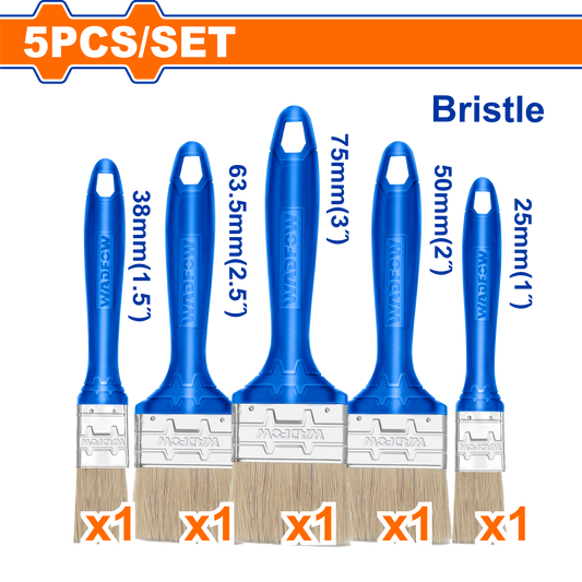 Ensemble de 5 pinceauLot de cinq pinceaux plats WADFOW WPB1952 à manches plastique, largeurs de 1 à 3 pouces, environ 25 à 76 mm, pour peintures à base d’huile compatibles | SQES Tunisie
x - - SQES