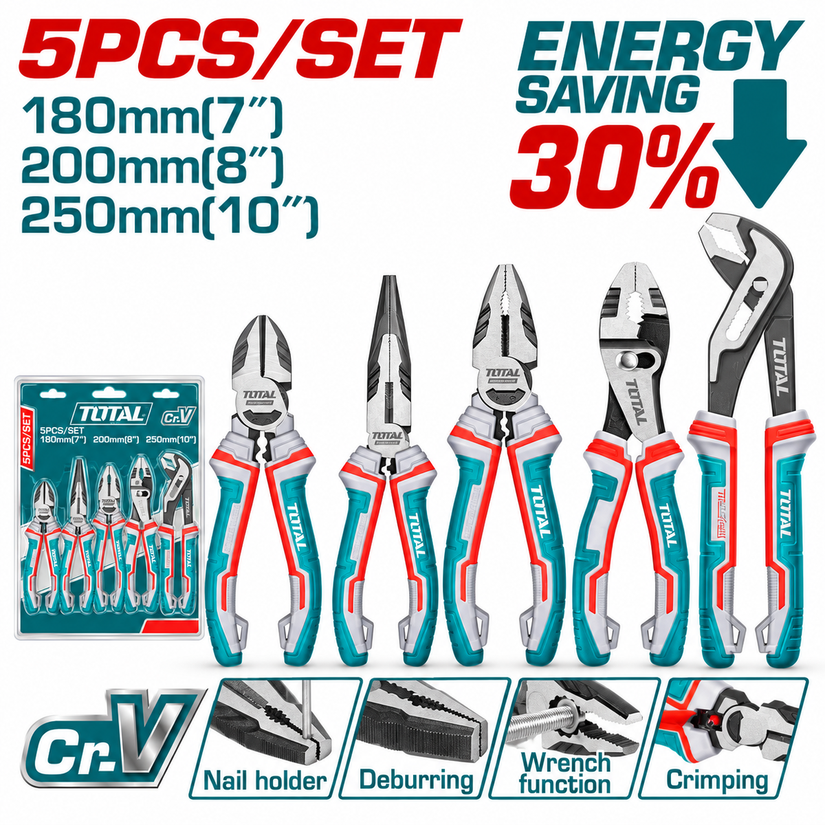 Jeu TOTAL THT2K0588 de 5 pinces Cr-V : universelle, coupante, bec long, multiprise et articulation coulissante avec poignées TPR.