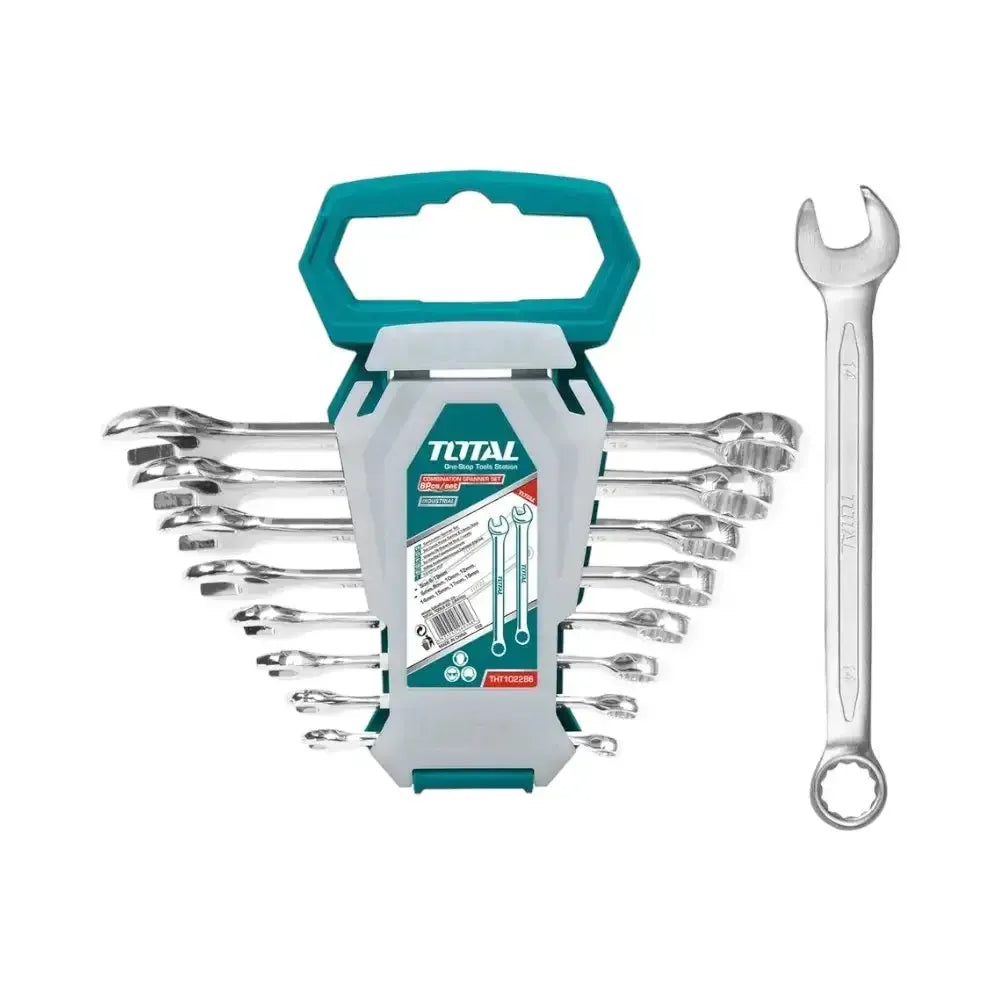 Jeu de 8 clés mixtes TOTAL acier Cr-V chromé mat – fourche & œil cranté, 8 tailles 6 à 19mm, mécanique bricolage plomberie
