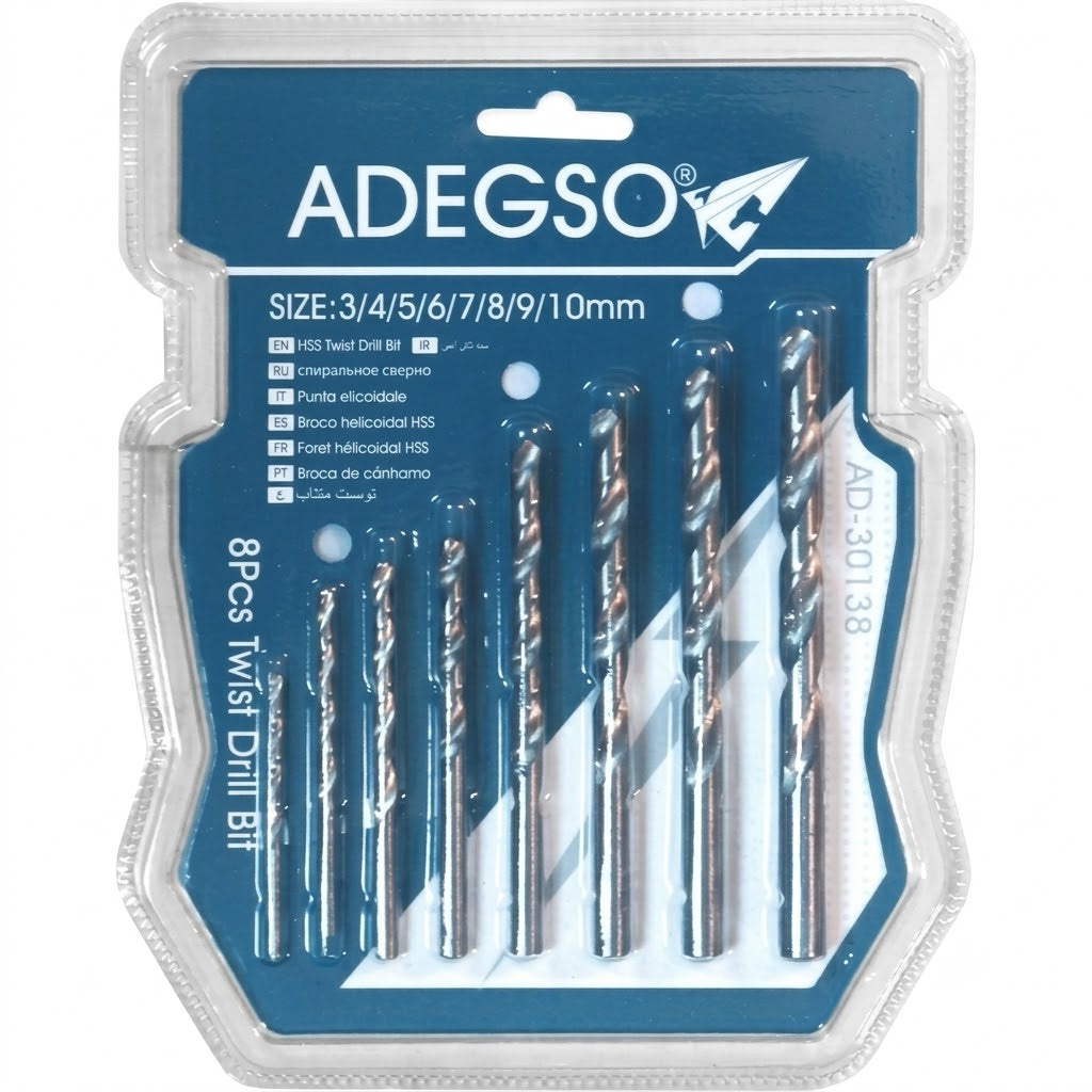 Jeu de 8 mèches acier 3 à 10 mm ADEGSO AD-30138 — 8PCS Twist Drill Bit pour perceuse compatible | SQES Tunisie
