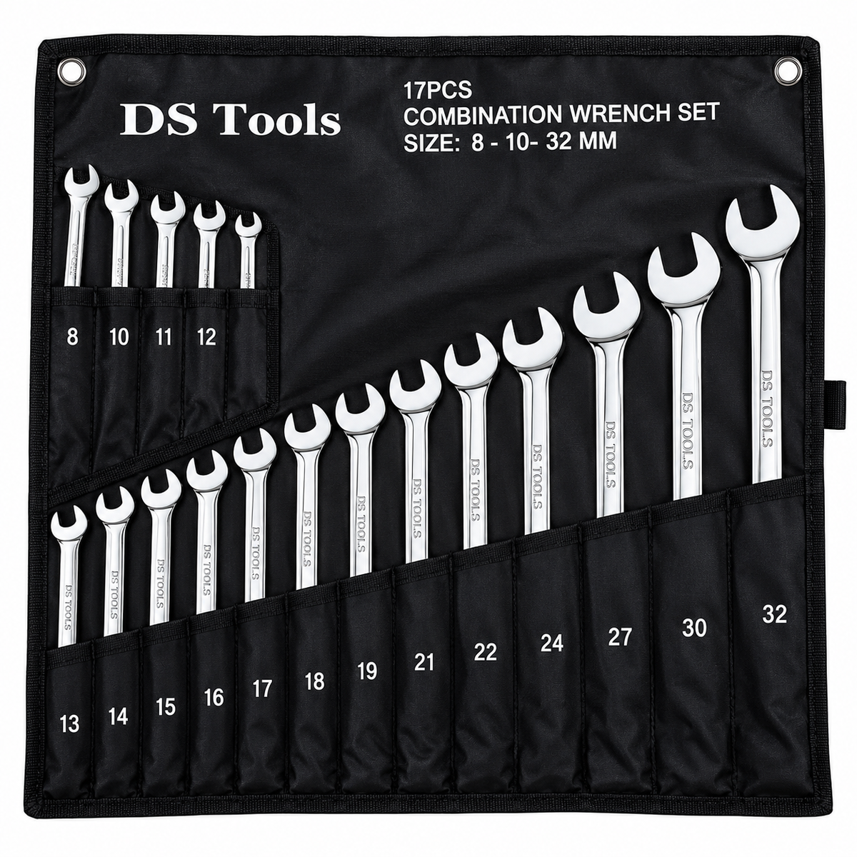 Jeu de clés mixtes DS Tools couvrant une plage de 8 à 24 mm pour travaux de mécanique, maintenance et serrage.