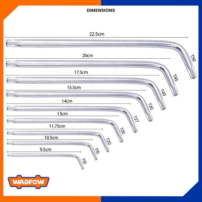 Jeu de 9 Clés Torx Longues – T10,T15,T20,T25,T27,T30,T40,T45,T50 - SQES
