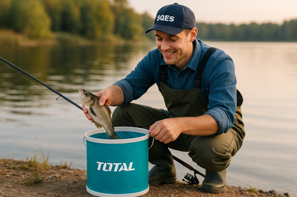 Jeune pêcheur avec casquette et salopette SQES utilisant le seau pliant Total pour sa pêche