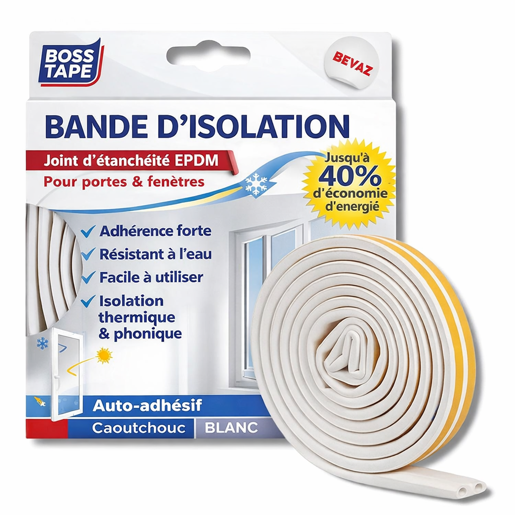 Joint d'étanchéité Boss Tape Type D blanc 9mm – isolation thermique et phonique portes et fenêtres, caoutchouc auto-adhésif
