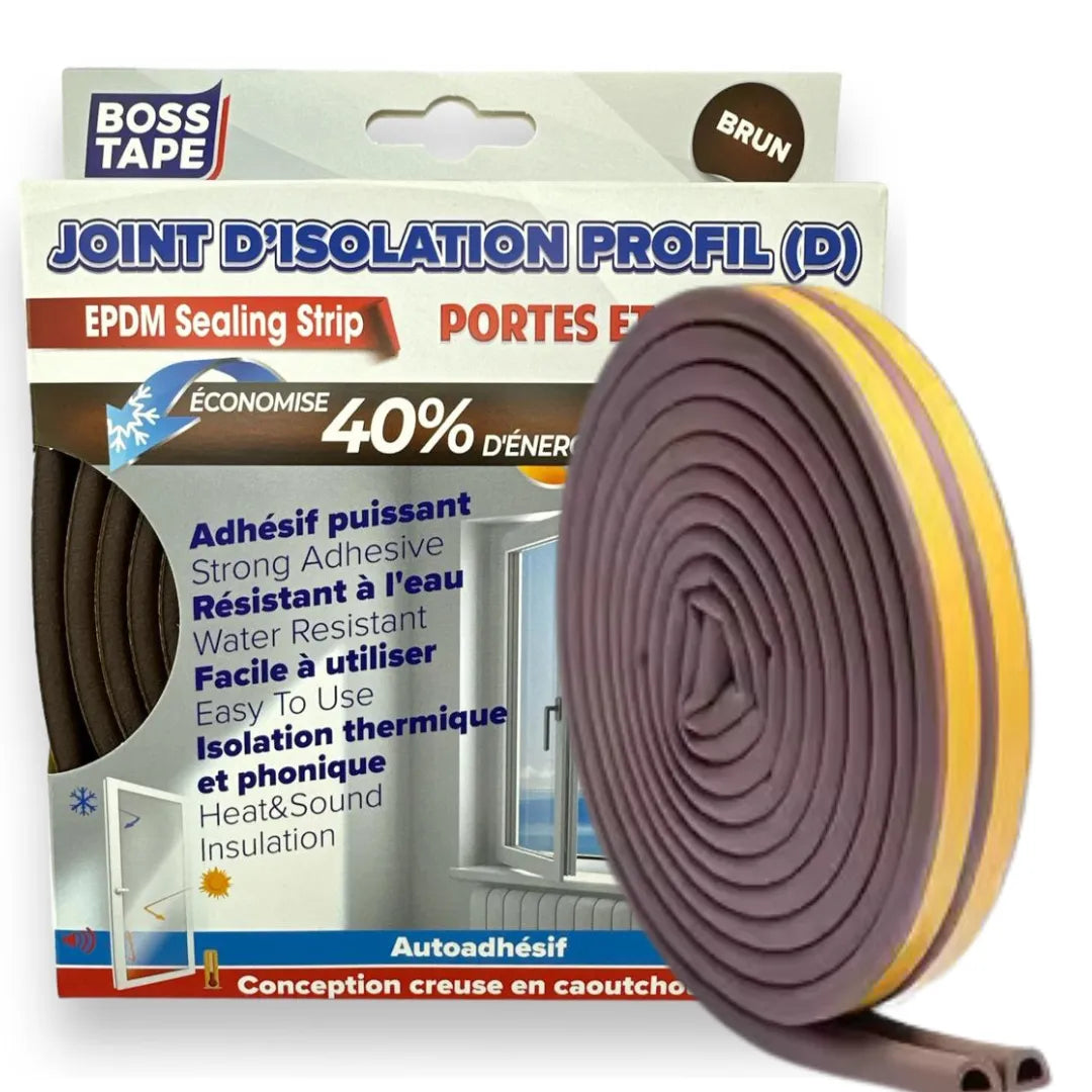 Joint d'étanchéité Boss Tape Type D marron 9mm x 6m – isolation thermique et anti-courants d'air porte et fenêtre
