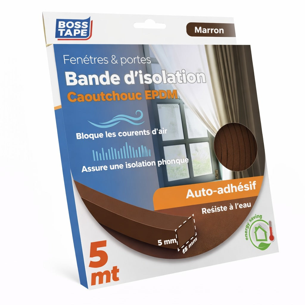 Joint étanchéité BOSS TAPE EPDM 6mm marron pour porte, fenêtre. Isolation thermique. Livraison Tunisie. Isolez efficacement !